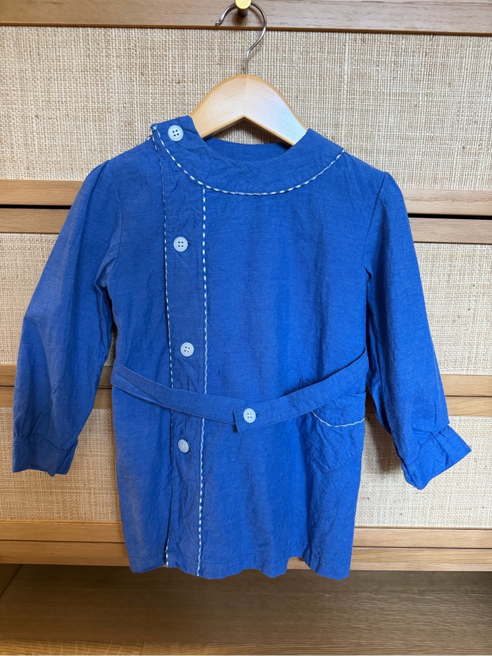 Vintage Blue Long-Sleeve Kids Dress with Button Detail